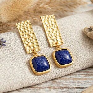 Gold Plated Hammered Geometric Earrings with Lapis Lazuli Genuine Stone ✨